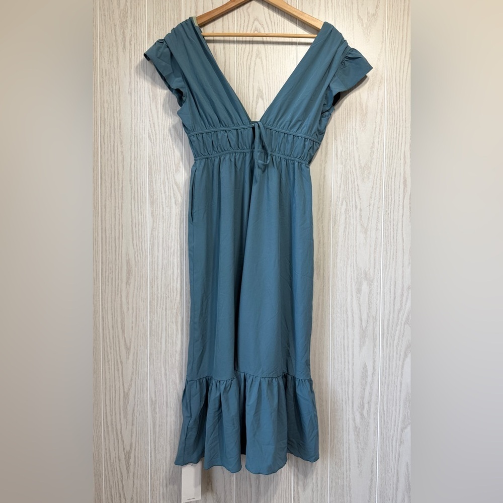 Halara Breezeful™ Deep V-Neck Butterfly Sleeve Midi Dress Stone Blue Size XS - Picture 8 of 10